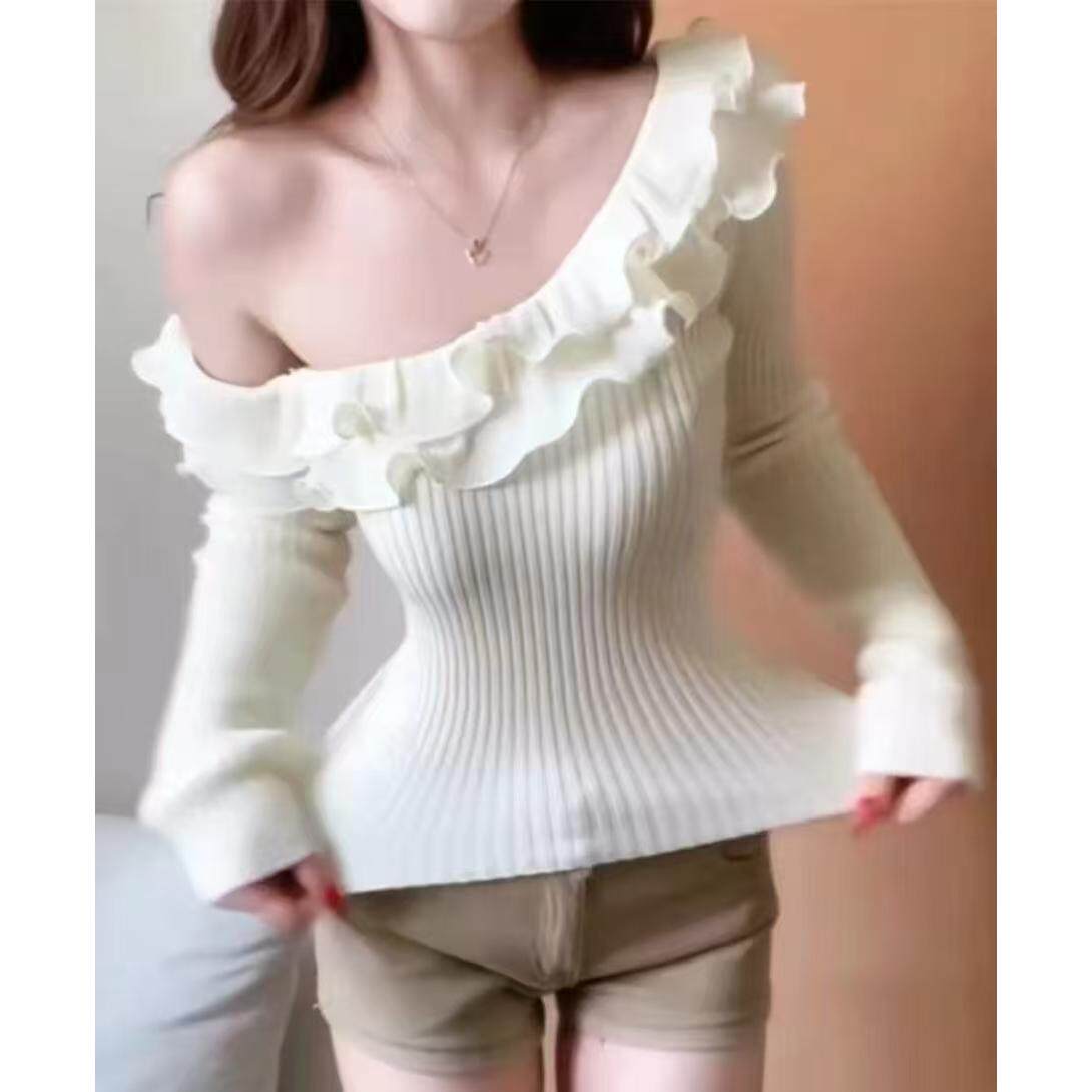 【丝光棉针织】荷叶边斜领针织衫女秋冬露肩纯欲独特一字肩上衣
