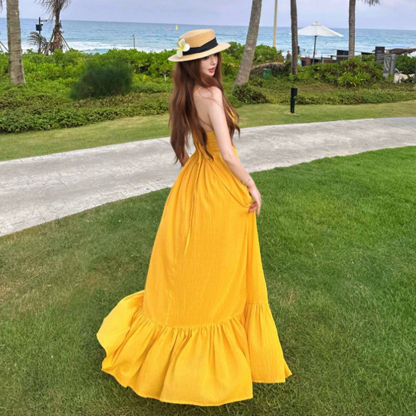 品牌折扣女装专柜撤柜尾货清仓吊带连衣裙子海边度假收腰长裙子夏