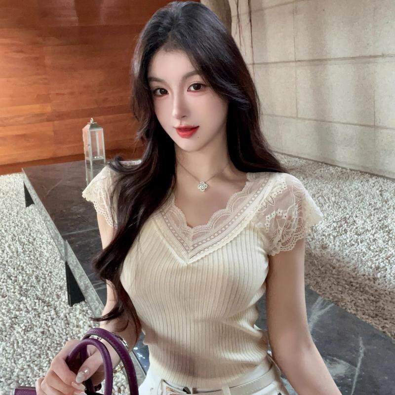 冰爽丝,外单爆款夏季蕾丝花边v领针织短袖T恤女薄款修身打底上衣