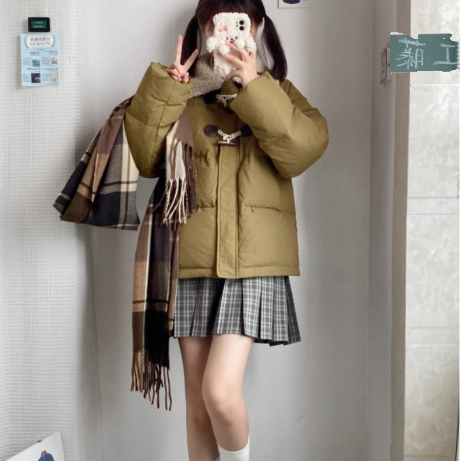 可拆卸羊羔毛短款新款羽绒棉服女学院风牛角扣宽松时尚现货款