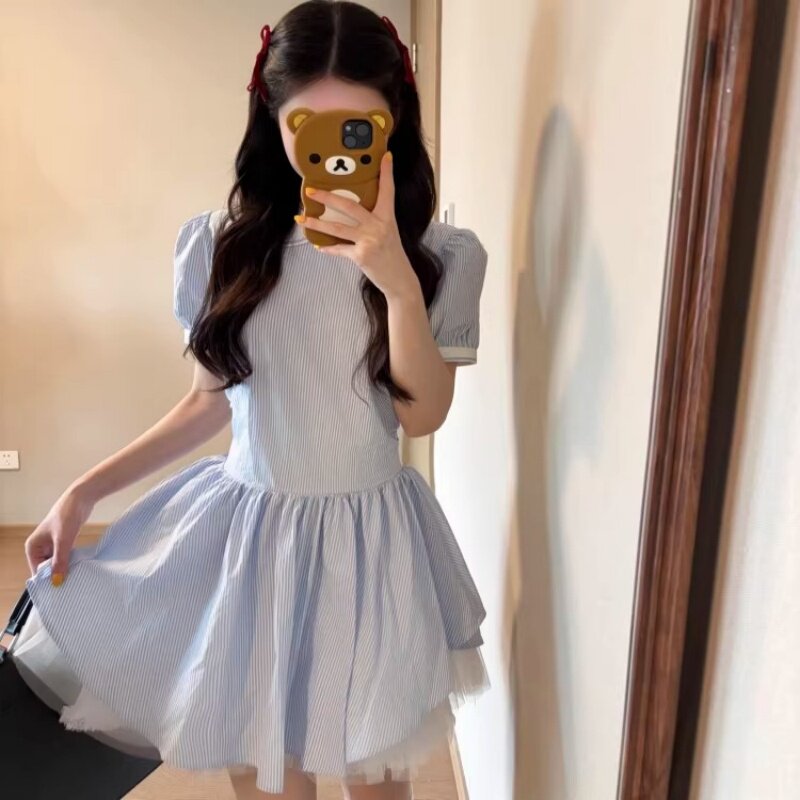 学院风娃娃领蓝色条纹短袖衬衫连衣裙子女夏季小个子收腰蓬蓬短裙