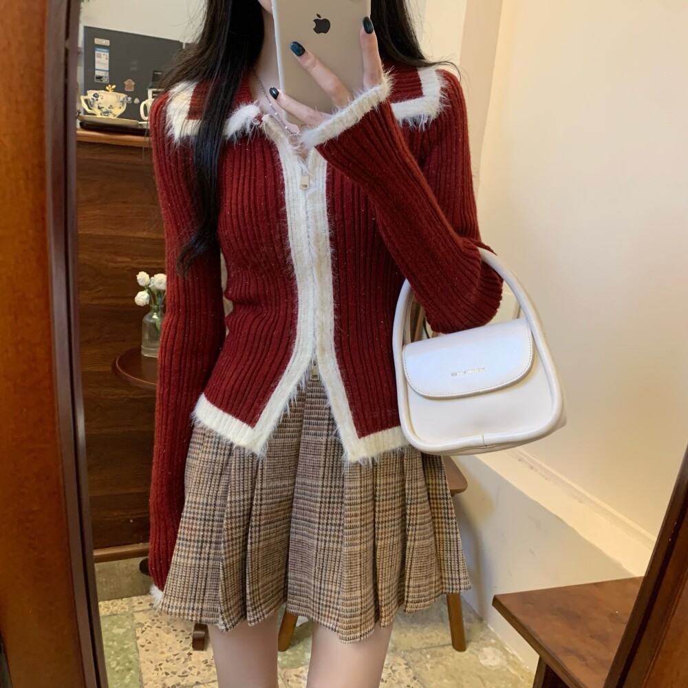 新年红色毛绒针织开衫女秋冬季修身内搭收腰双拉链毛衣翻领打底衫