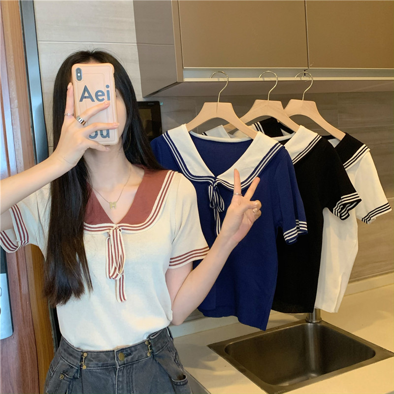 折扣店商场撤柜女装尾货清仓特价外贸尾单娃娃领系带针织短袖t恤