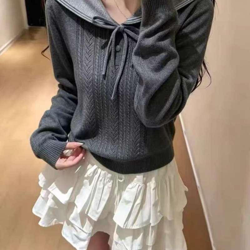 海军领系带麻花针织毛衣女秋短款收腰显瘦韩系温柔风长袖套头上衣