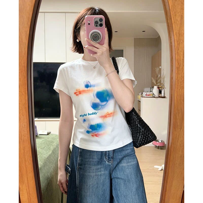 外贸尾单纯棉圆领短袖T恤女