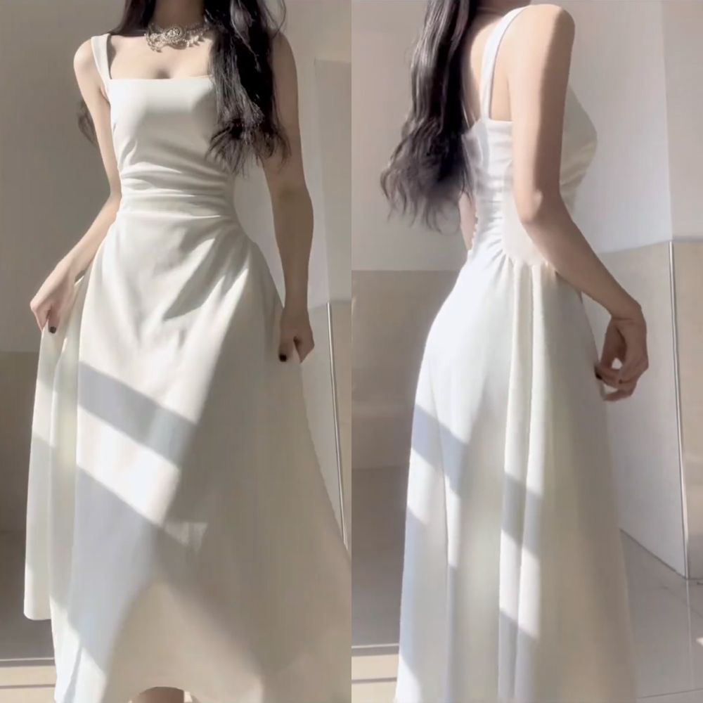 现货,直贡呢面料礼服露肩褶皱学院风背带连衣裙高级设计感长裙女