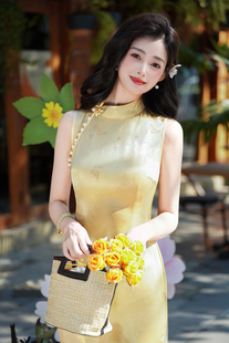 金黄色手抓花旗袍2025新款女中式年轻款少女国风无袖夏季高级感