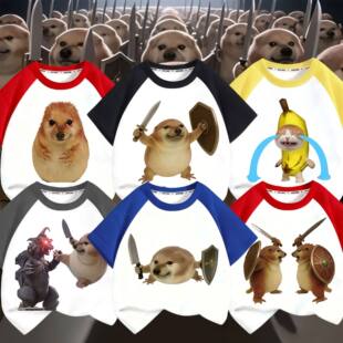 刀盾狗衣服恶搞笑抽象纯棉插肩短袖 拼接短袖 t恤短裤 夏季 套装 我