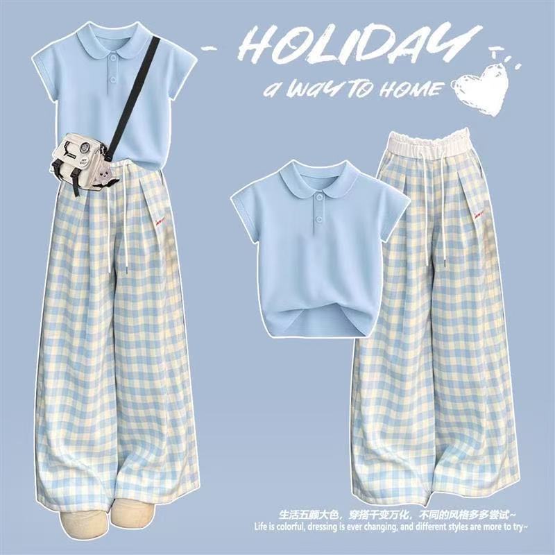 女童夏季套装2025新款女孩纯棉Polo衫阔腿裤T恤女中大童休闲衣服