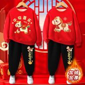 儿童过年喜庆衣服2026马年新年装 拜年服男童女童红色加厚卫衣唐装