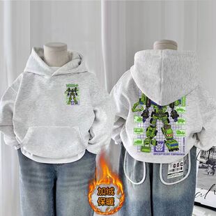 中大小童新款连帽保暖加绒卫衣卡通变形金刚男童韩版宽松爆款外穿