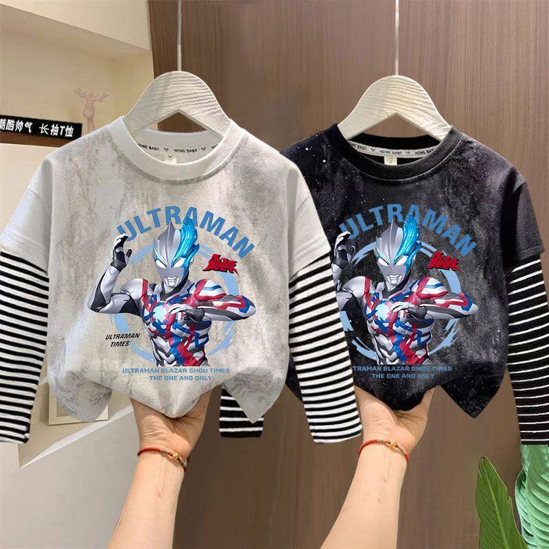 男童宝宝卡通奥特曼长袖T恤春秋百搭宽松扎染亮片条纹假两件上衣t