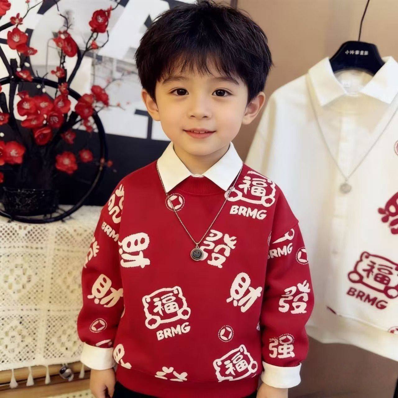 2026年马年男童假两件福字卫衣女童加绒卫衣冬季中大童保暖打底衫