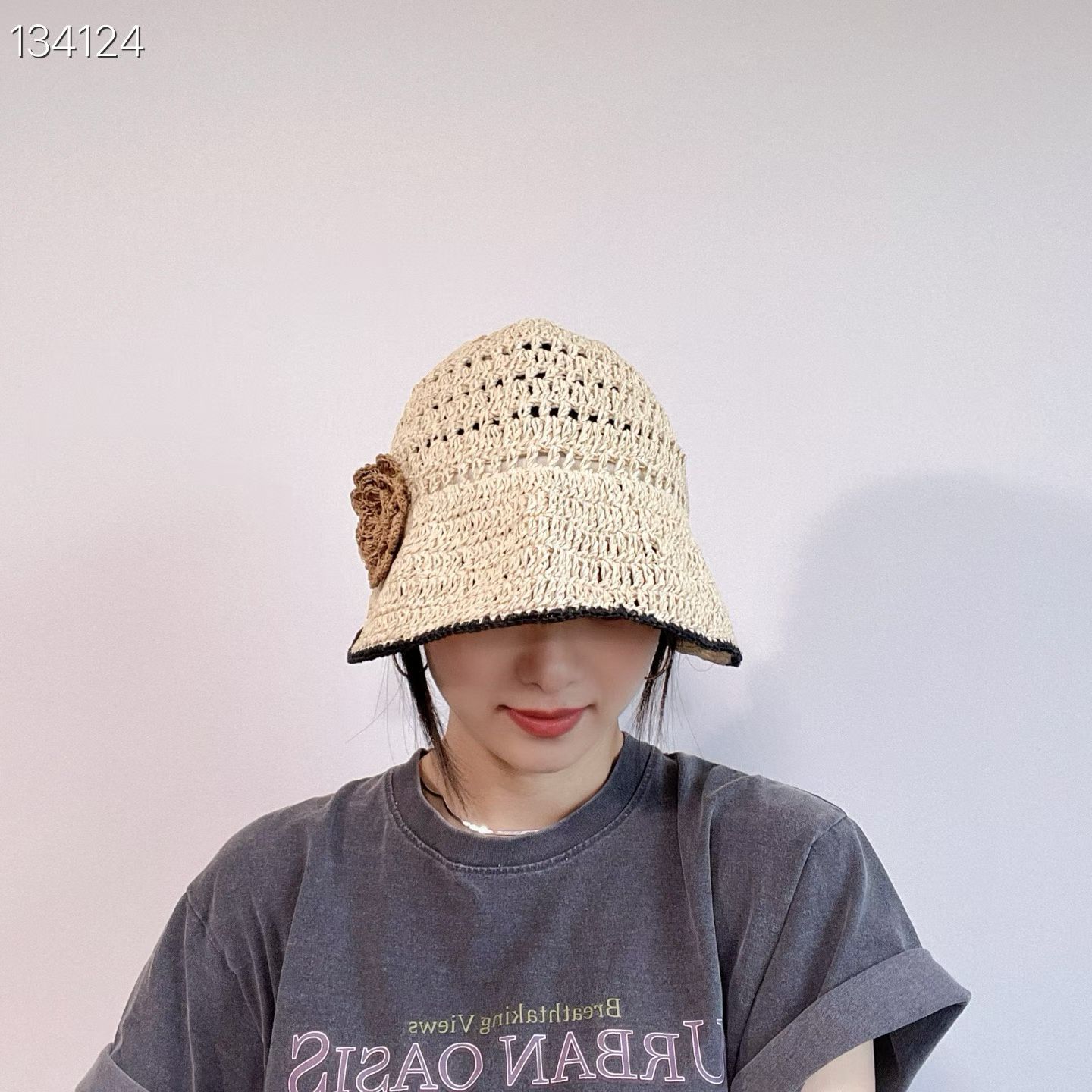 草帽 遮阳帽 帽子 LovelyHat东大门代购镂空编织纹路后卷边 花朵6