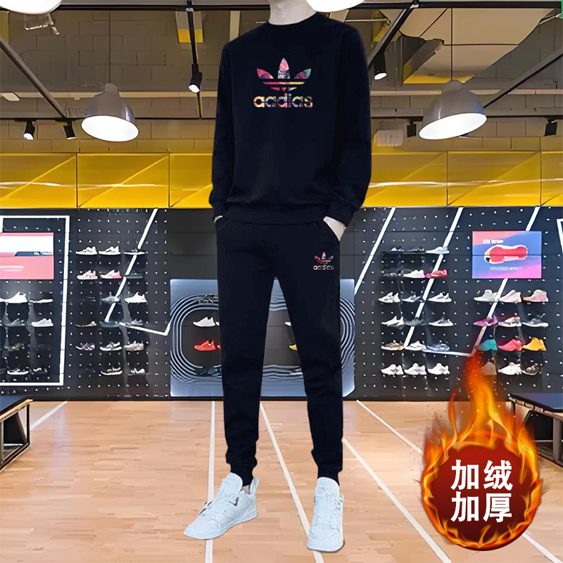 2025新款男士运动套装秋冬季加绒休闲卫衣打底长裤子保暖圆领套装