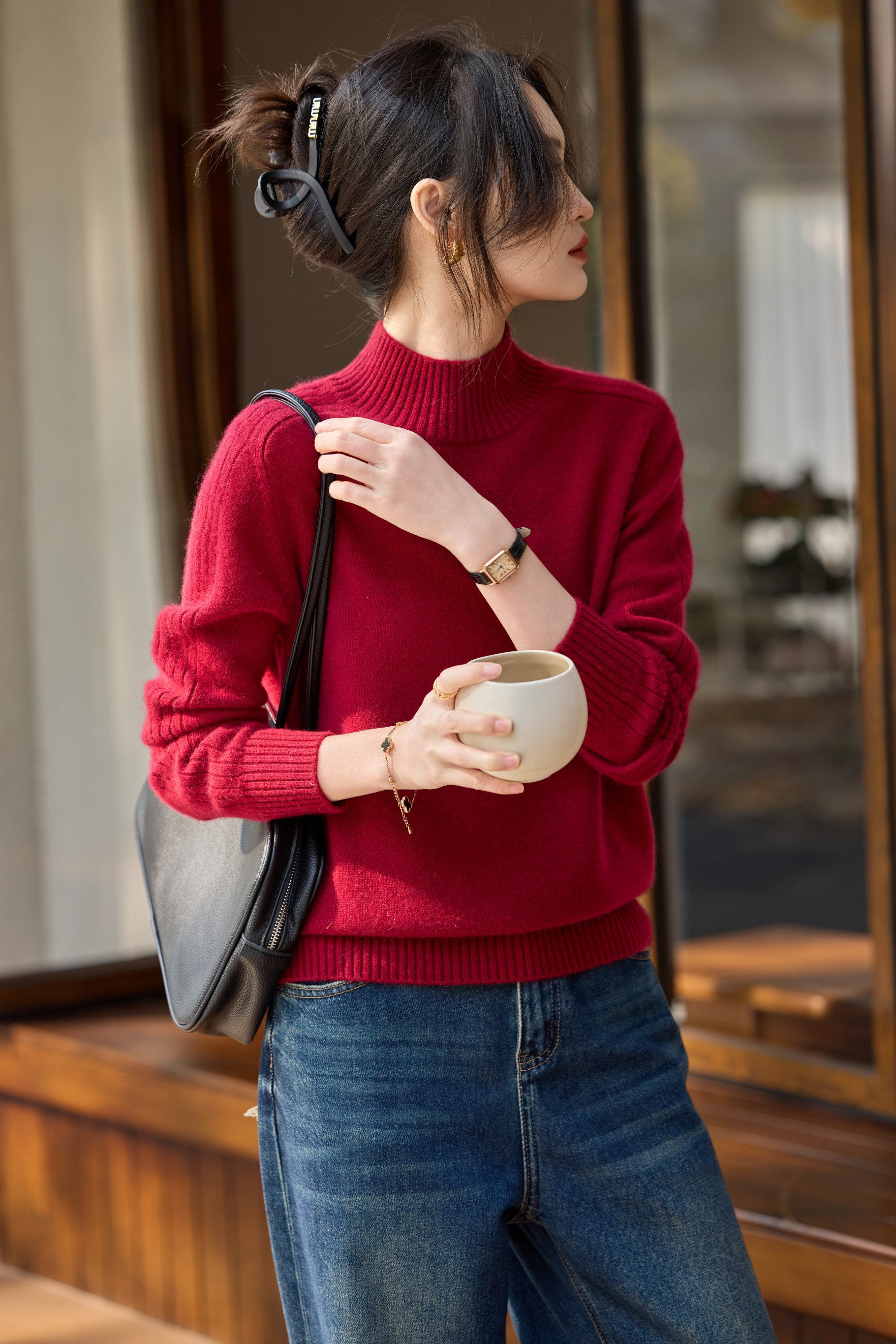 【7针双股加厚】100纯山羊绒针织衫女套头半高领马鞍肩羊绒毛衣厚