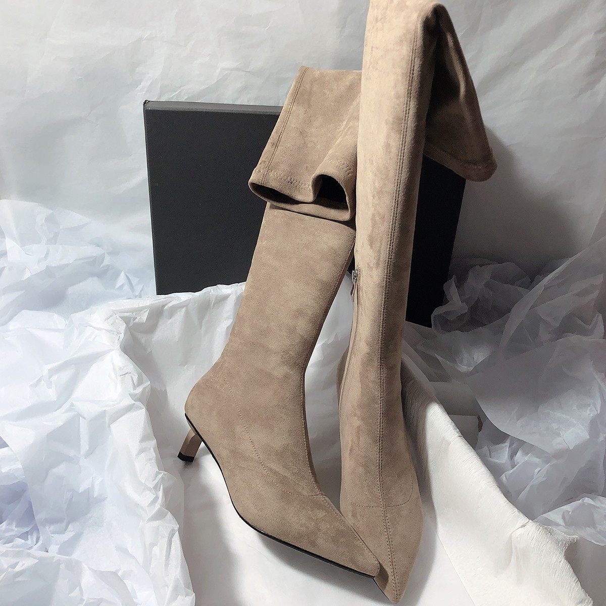 法式简约侧拉链瘦瘦靴女2025冬季新款时尚猫跟长靴尖头细跟过膝靴,女鞋,时装靴,淘宝优惠券,粉丝福利购,淘宝优惠卷