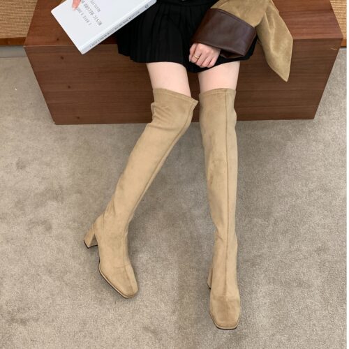 过膝高跟长靴子女2026冬季绒面方头增高小个子高筒粗跟长筒靴