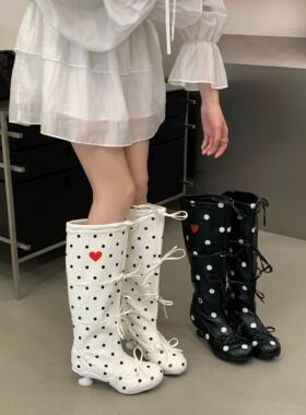 欧美波点蝴蝶结绑带长靴女秋季芭蕾风真皮高筒时装靴酒杯跟裤管靴
