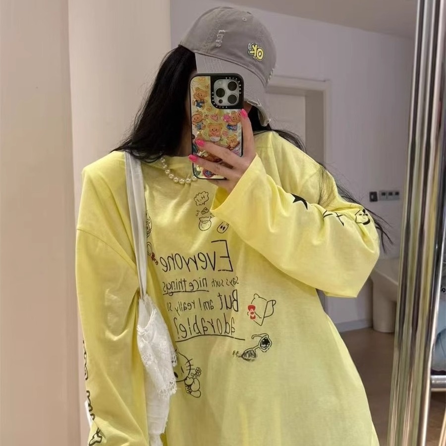 洋气减龄卡通印花宽松薄款长袖T恤女 美式慵懒风防晒衫直肩上衣夏
