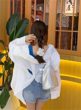 韩国东大门洋气时尚宽松白色薄款衬衫外套慵懒防晒衫打结露背上衣