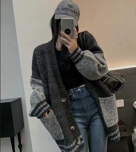 高级感拼色宽松慵懒风V领加厚毛衣女秋冬外套 韩国东大门洋气时尚