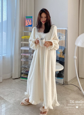 韩国白色珊瑚绒睡衣女冬季加厚可爱时尚套装法兰绒公主家居服睡裙