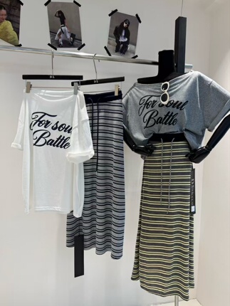 2026 Summer New Letter Print Short Sleeve T-Shirt + Striped Skirt Women's Casual Vacation Style Slimming Set Trendy