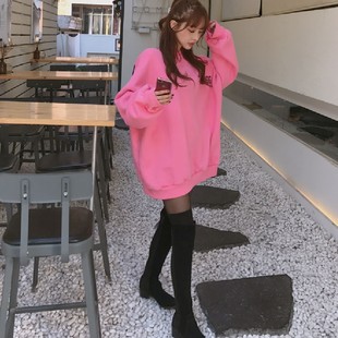 特价 韩国加厚加绒秋装圆领套头中长款宽松卫衣女 学生bf上衣潮