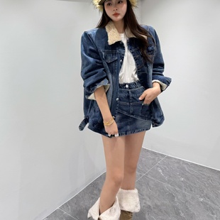 2025秋冬新款 女半身裙两件套 加棉复古羊羔毛领牛仔外套配短裙套装