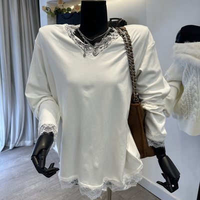 V领蕾丝磨毛加绒长袖T恤打底衫女