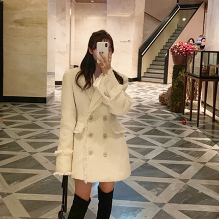 名媛气质小香风中长款粗花呢小个子毛呢西装外套女收腰显瘦连衣裙