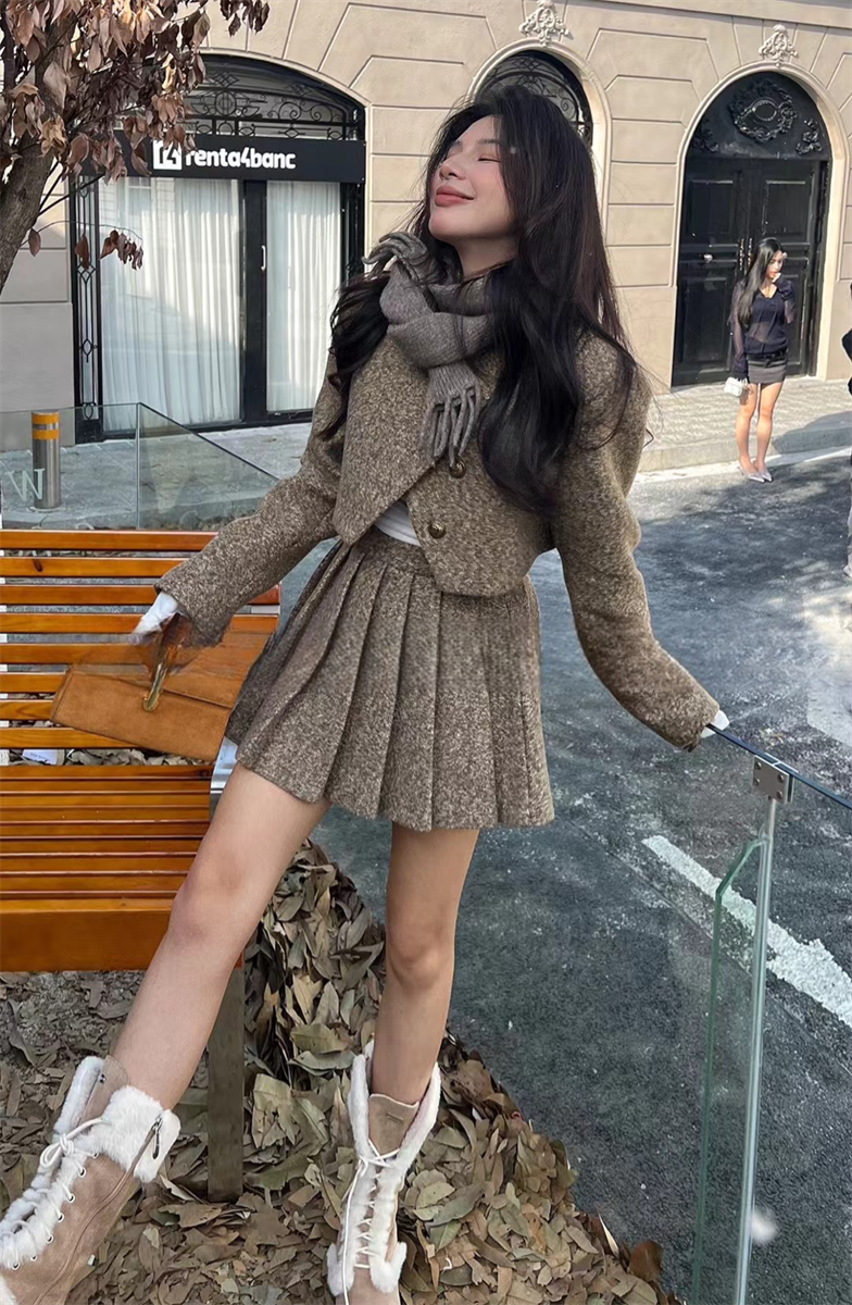小个子短款羊绒毛呢短款西装裙套装女小香风外套百褶裙秋冬两件套