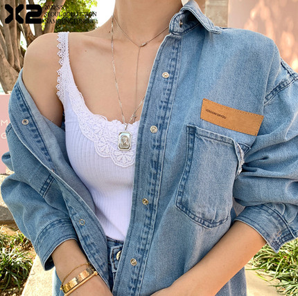 清仓特价春装复古翻领口袋PU皮贴布宽松牛仔衬衫女韩版百搭外套潮