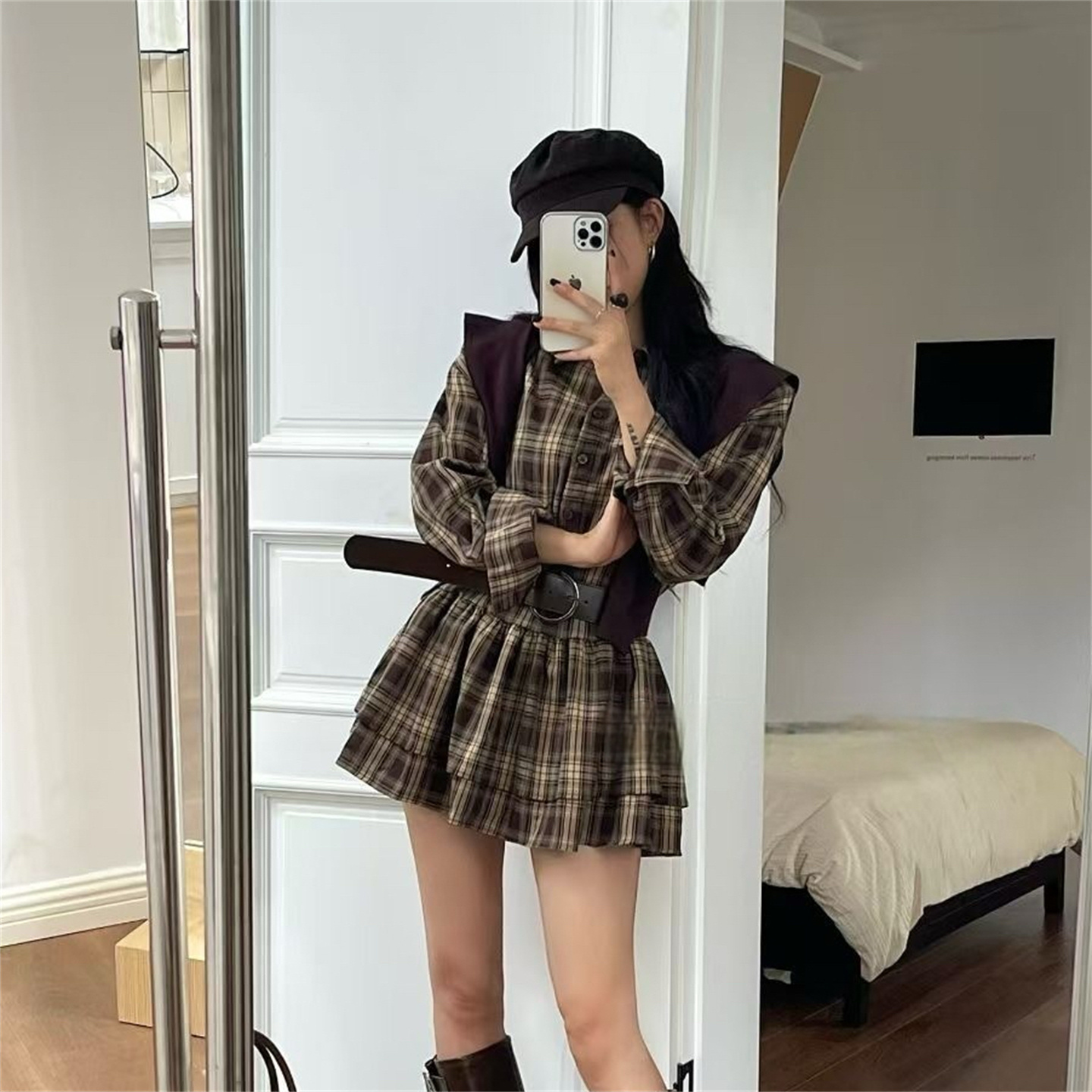 格子长袖衬衫连衣裙披肩两件套女