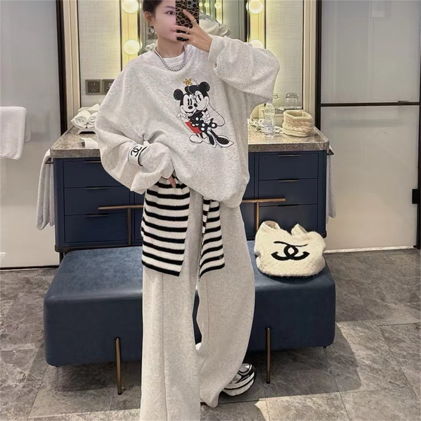 卡通圆领长袖卫衣阔腿裤两件套女