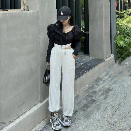韩国Ins秋装洋气时尚露腰哈伦裤套装女 宽松休闲直筒裤子老爹裤潮