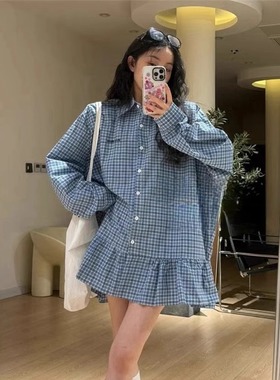 韩国东大门高级感蓝色格子连衣裙衬衫裙子 小个子A字荷叶边娃娃裙