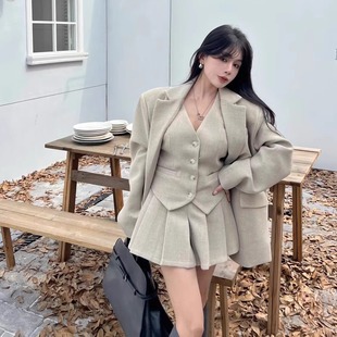 高级感休闲毛呢西装 裙子小个子马甲百褶短裙三件套 外套A字套装