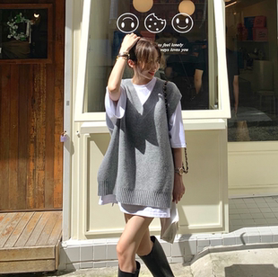 韩国东大门复古宽松毛衣针织马甲两件套女慵懒风坎肩外穿开叉背心