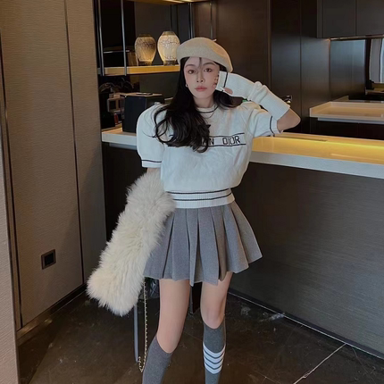 韩国洋气时髦字母刺绣圆领短款毛衣女秋冬短袖带袖套针织衫打底衫