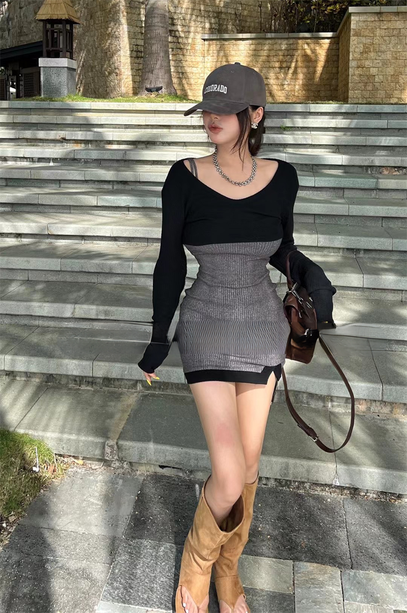 修身针织连衣裙子性感吊带裙套装
