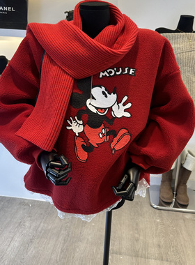 韩国洋气时尚秋冬卡通印花加厚羊羔毛卫衣女超好看红色蕾丝边上衣
