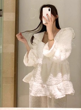 2024秋冬新款甜美珊瑚绒白色蕾丝边长袖睡衣睡裤套装女家居服长裤