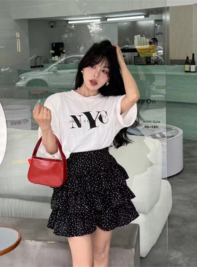 2024爆款新款夏季女韩国东大门字母白色纯棉垫肩宽松短袖T恤上衣