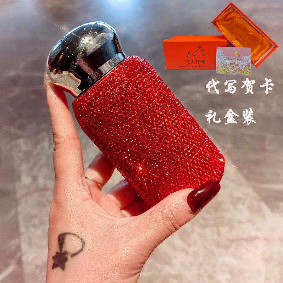 红色镶钻保温杯女生高颜值水杯