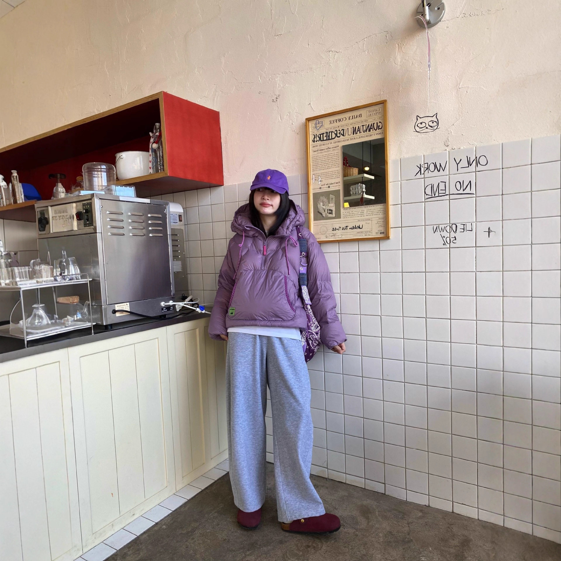 费尔岛紫色棉服外套女冬季2025新款高级设计感连帽加厚轻薄面包服