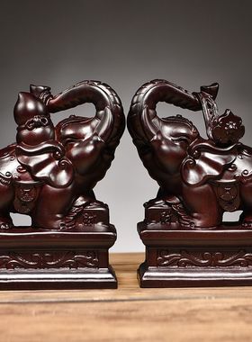 黑檀木雕大象摆件一对葫芦如意实木象家居客厅装饰工艺品乔迁送礼