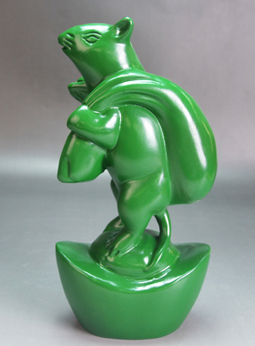 绿色木雕老鼠摆件十二生肖鼠把件实木文玩元宝鼠客厅装饰红木礼品