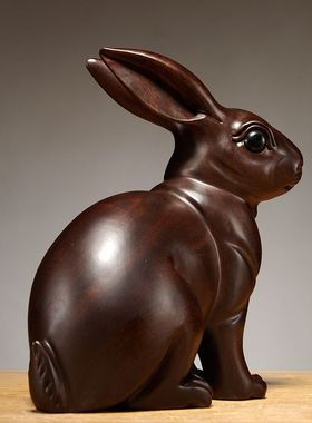 黑檀木雕兔子摆件实木质动物十二生肖兔家居客厅装饰品红木工艺品